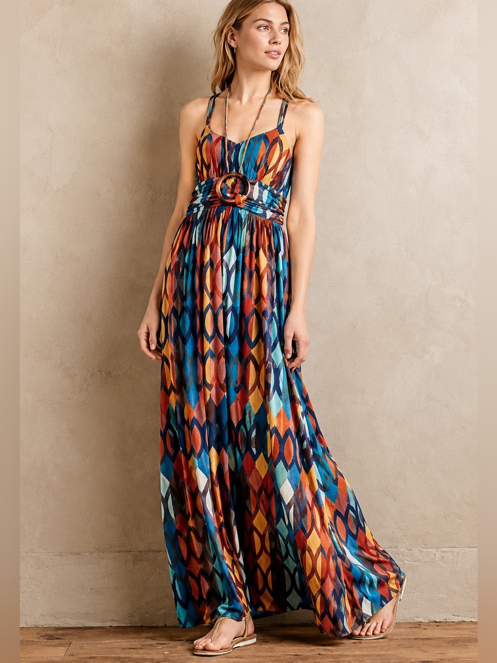 Anthropologie Geometric Halter Maxi Dress Boho Summer Resort Vacation Mod Retro